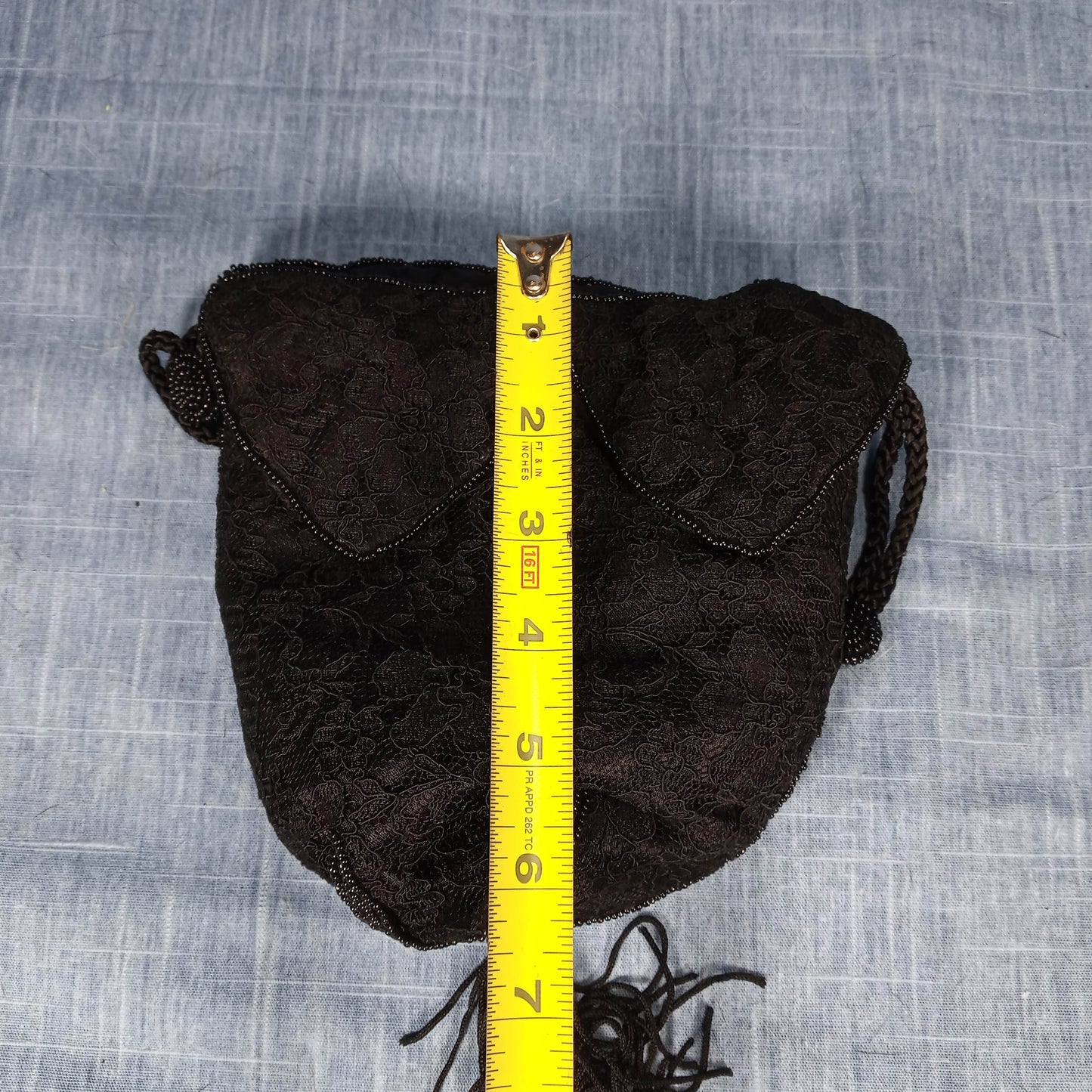 1980's Black Lace Drawstring Purse with Bead Detail