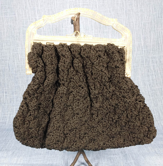1950s Vintage Black Cord Purse with a Lucite Handle
