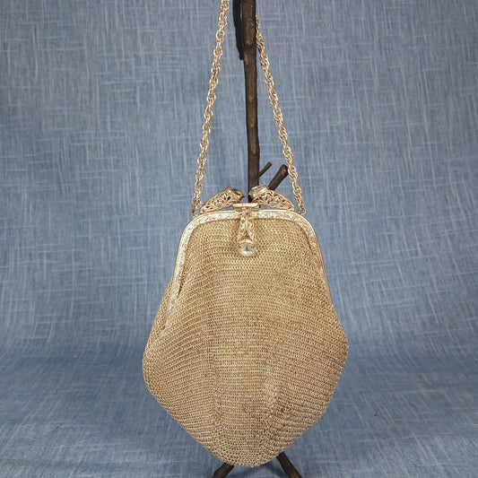 1940s Vintage Silver Toned Metal Mesh Evening Bag Tagged US Zone Germany