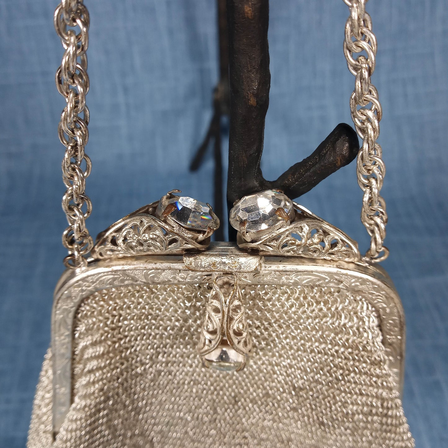 1940's Silver Toned Metal Mesh Evening Bag Tagged US Zone Germany