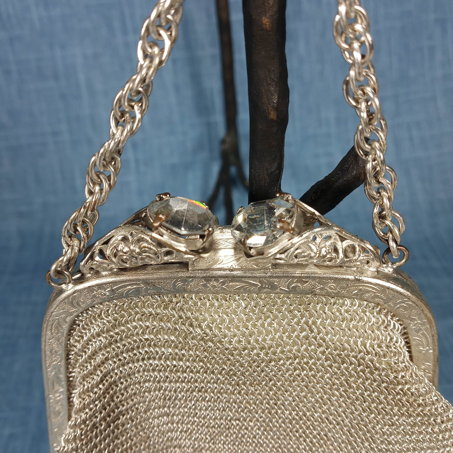 1940's Silver Toned Metal Mesh Evening Bag Tagged US Zone Germany