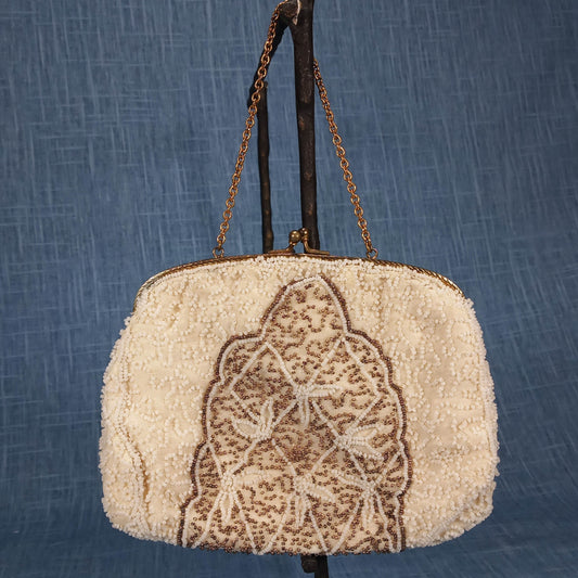 1940s Vintage Cream Hand Beaded Wedding Purse