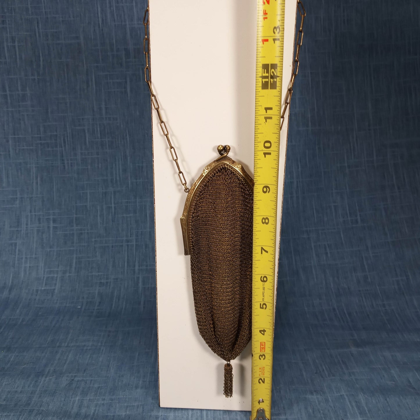 1900s Vintage Gold Tone Metal Etched Art Deco Bag with Tassel