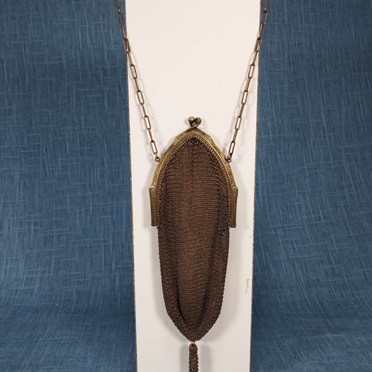 1900s Vintage Gold Tone Metal Etched Art Deco Bag with Tassel