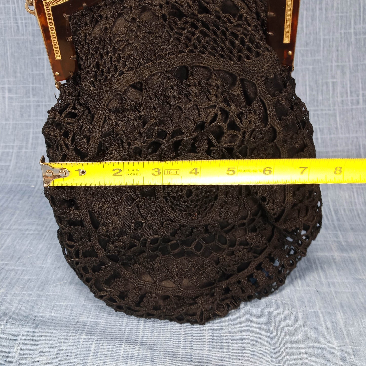 1910's Black Hand Crocheted Purse with Tortoise Chain Closure