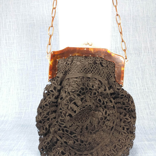1910s Vintage Black Hand Crocheted Purse with Tortoise Chain Closure