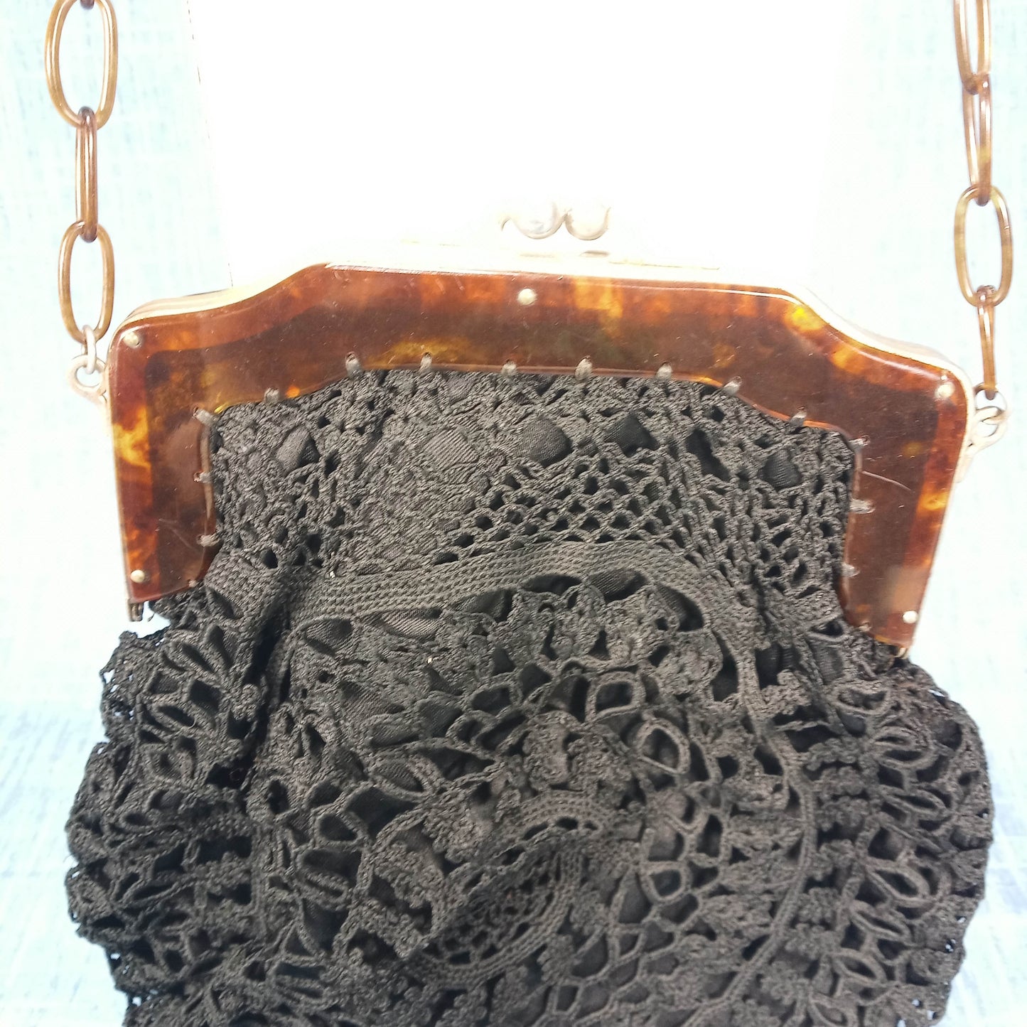 1910's Black Hand Crocheted Purse with Tortoise Chain Closure