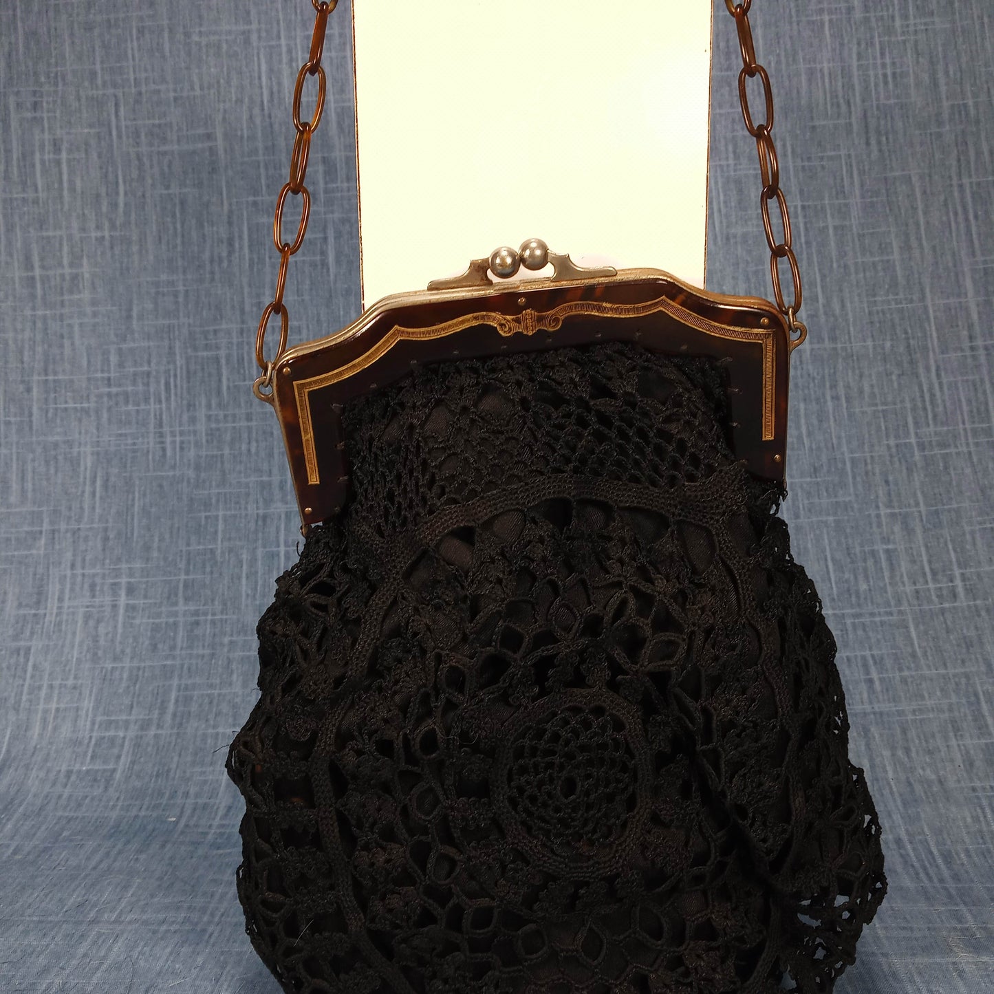 1910's Black Hand Crocheted Purse with Tortoise Chain Closure