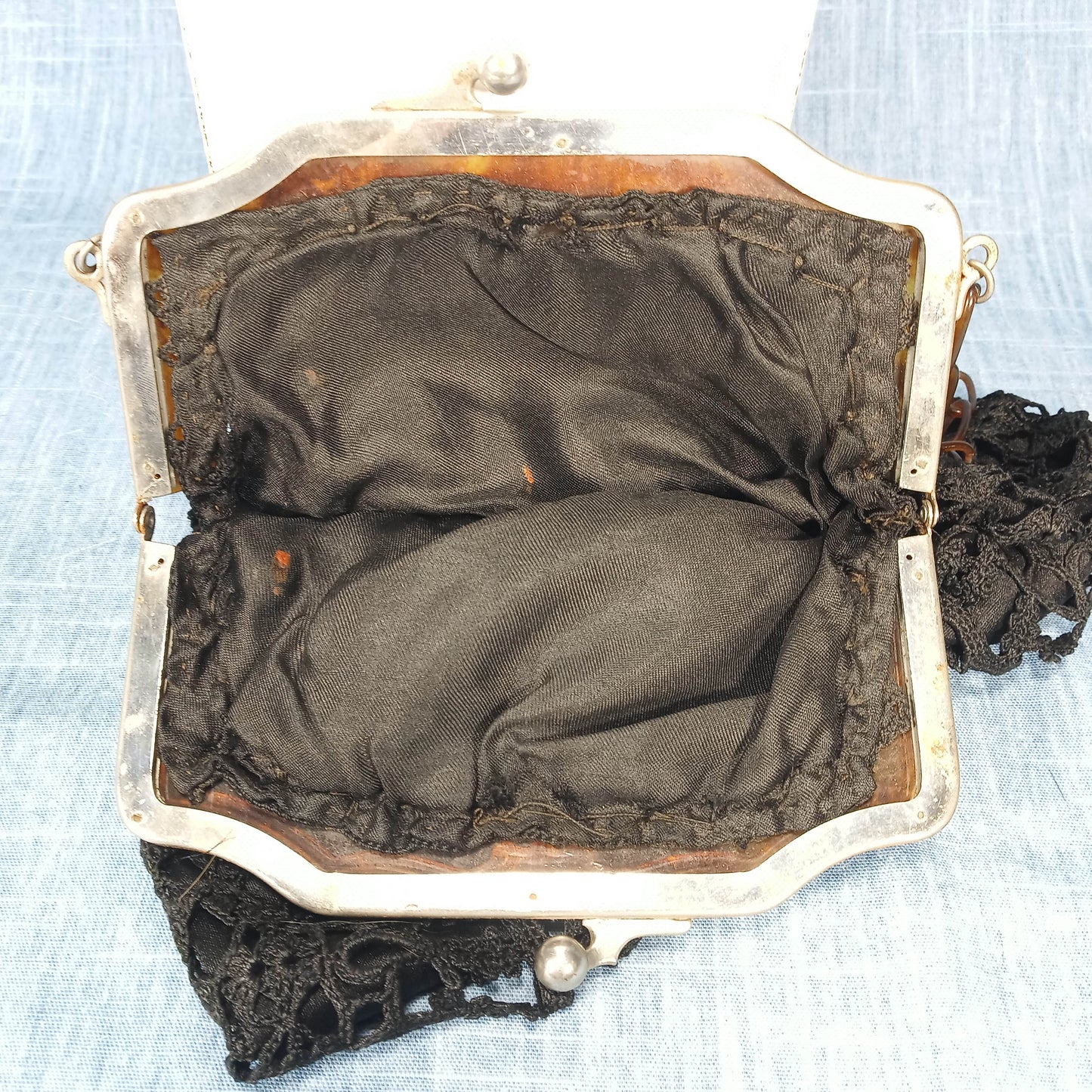 1910's Black Hand Crocheted Purse with Tortoise Chain Closure