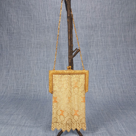 1920s Vintage Gold Tone Etched Art Deco Mesh Bag