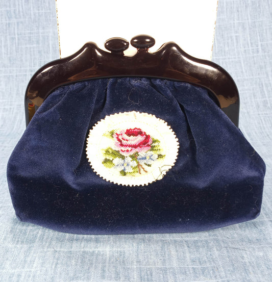 1950s Vintage Navy Blue Velvet Clutch with Embroidered Red Rose - Michiko Kuge