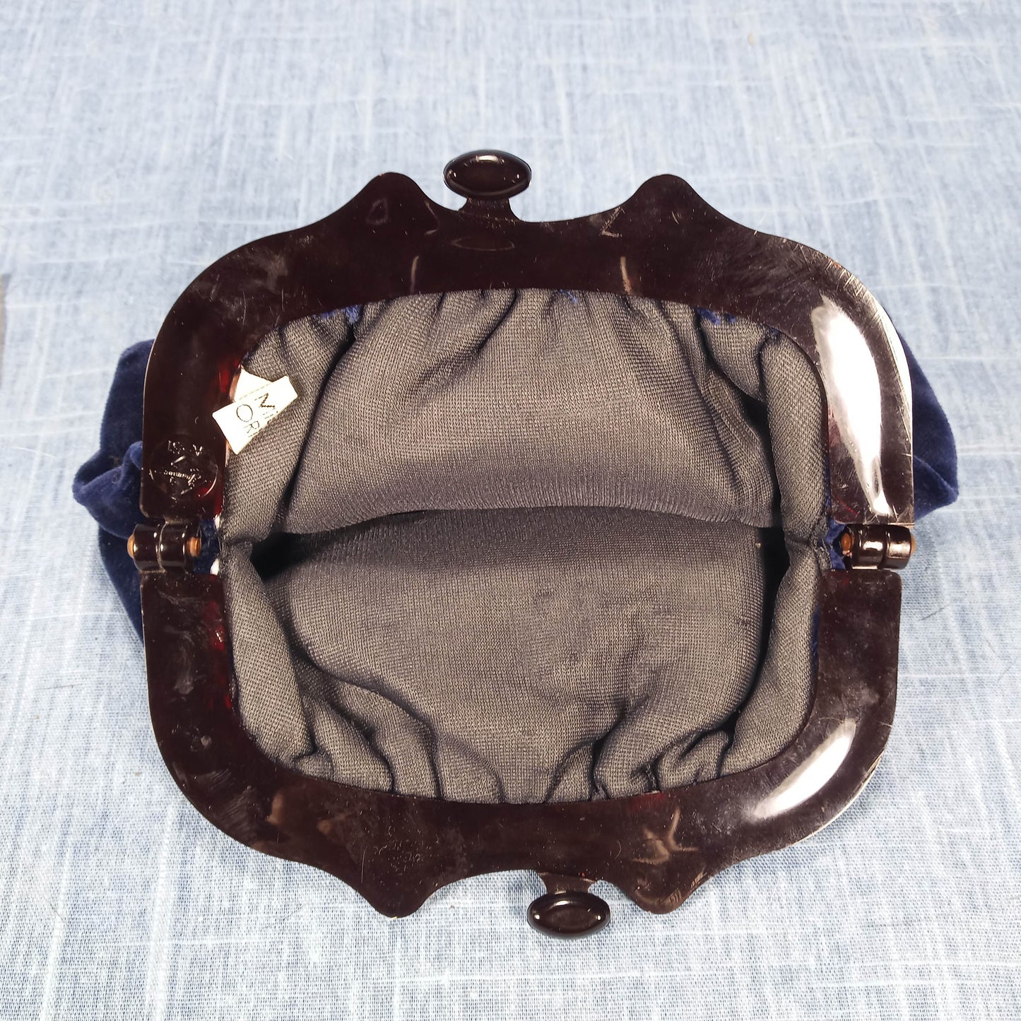 1950's Navy Blue Velvet Clutch with Embroidered Red Rose - Michiko Kuge