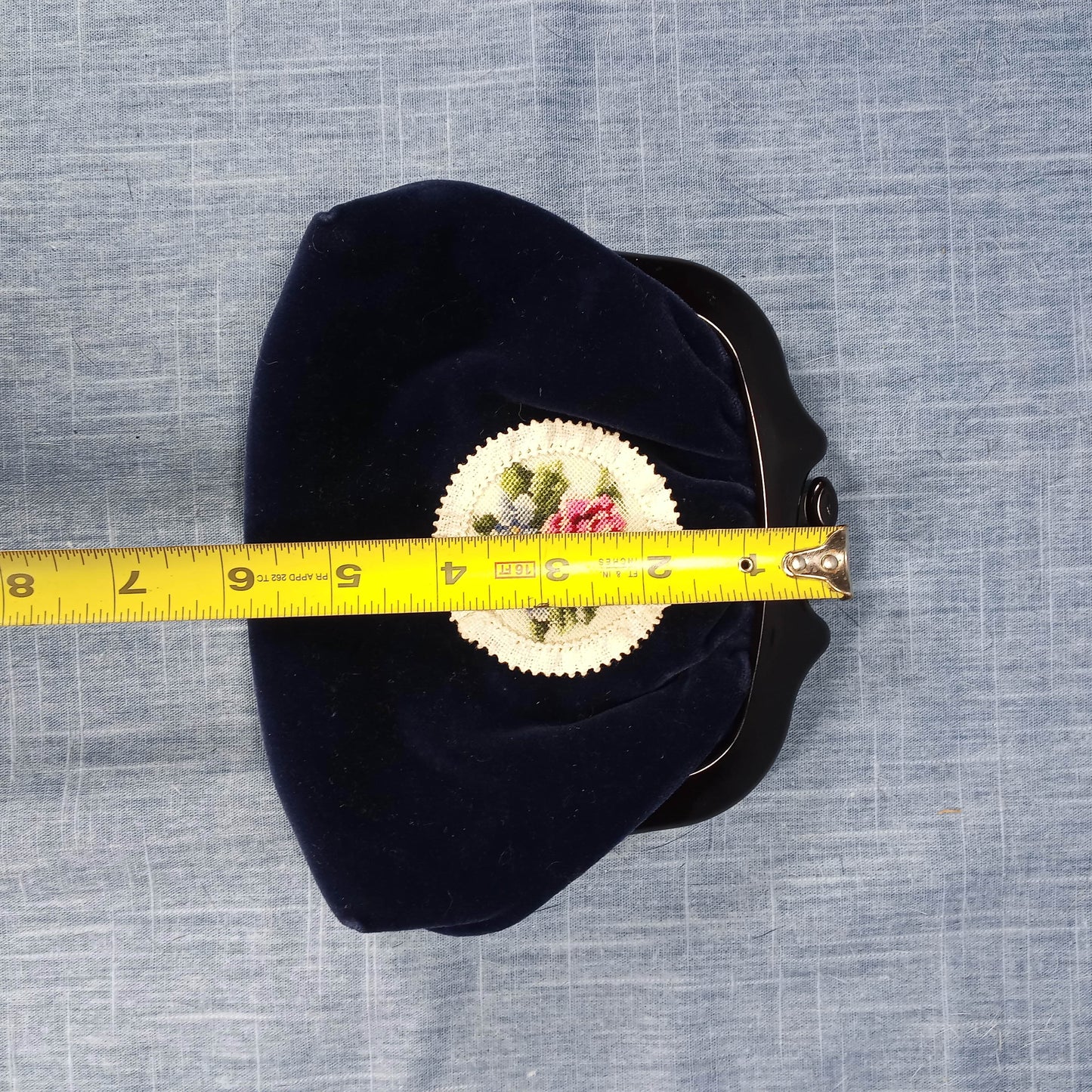 1950's Navy Blue Velvet Clutch with Embroidered Red Rose - Michiko Kuge