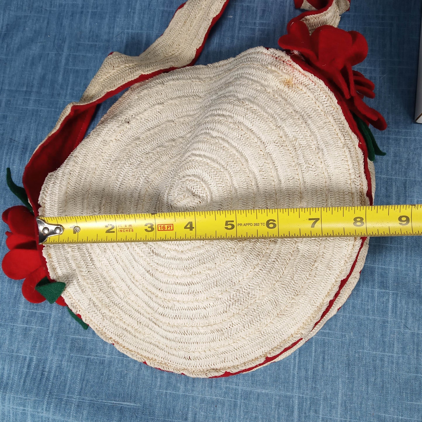 1950's White Rattan Circular Purse with Red Felt Flowers