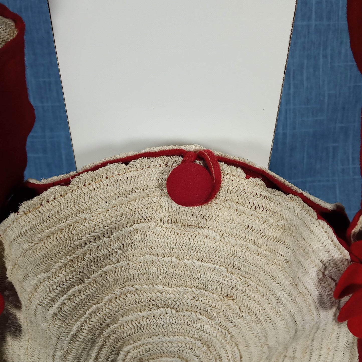 1950's White Rattan Circular Purse with Red Felt Flowers