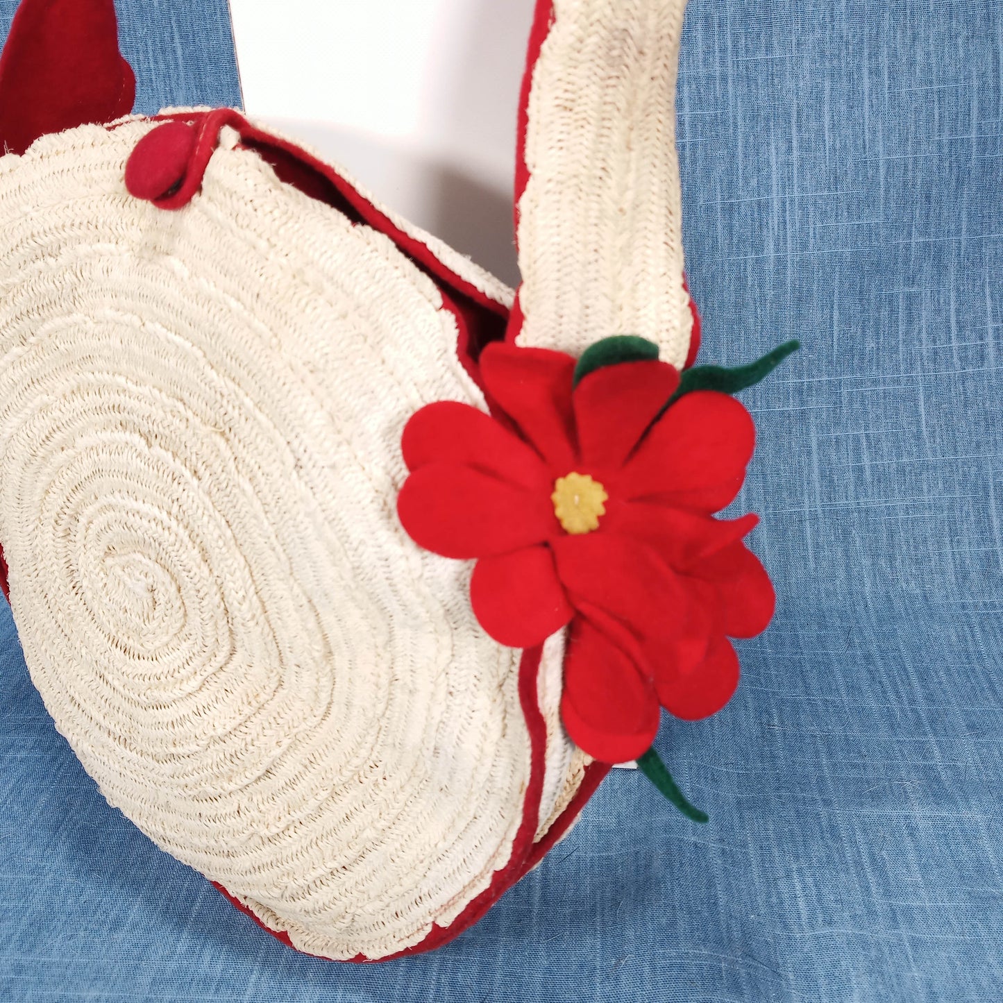 1950's White Rattan Circular Purse with Red Felt Flowers