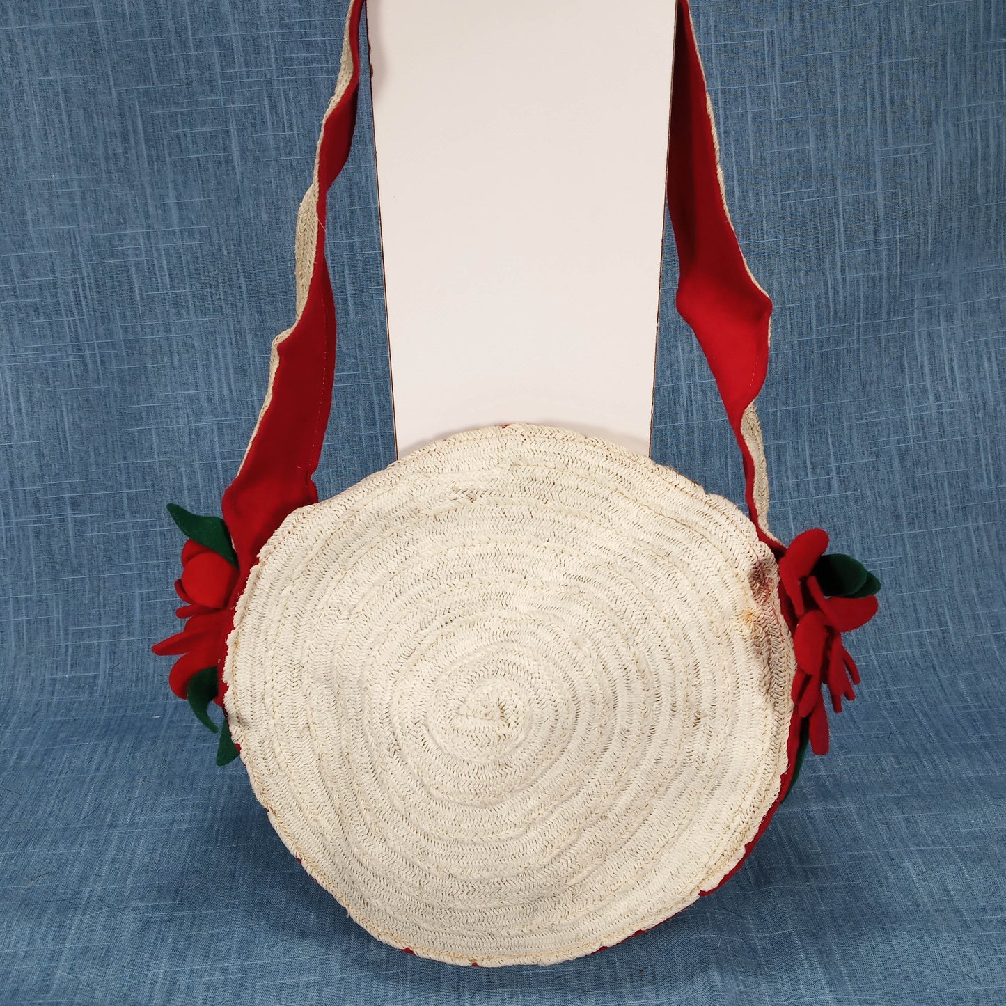1950's White Rattan Circular Purse with Red Felt Flowers