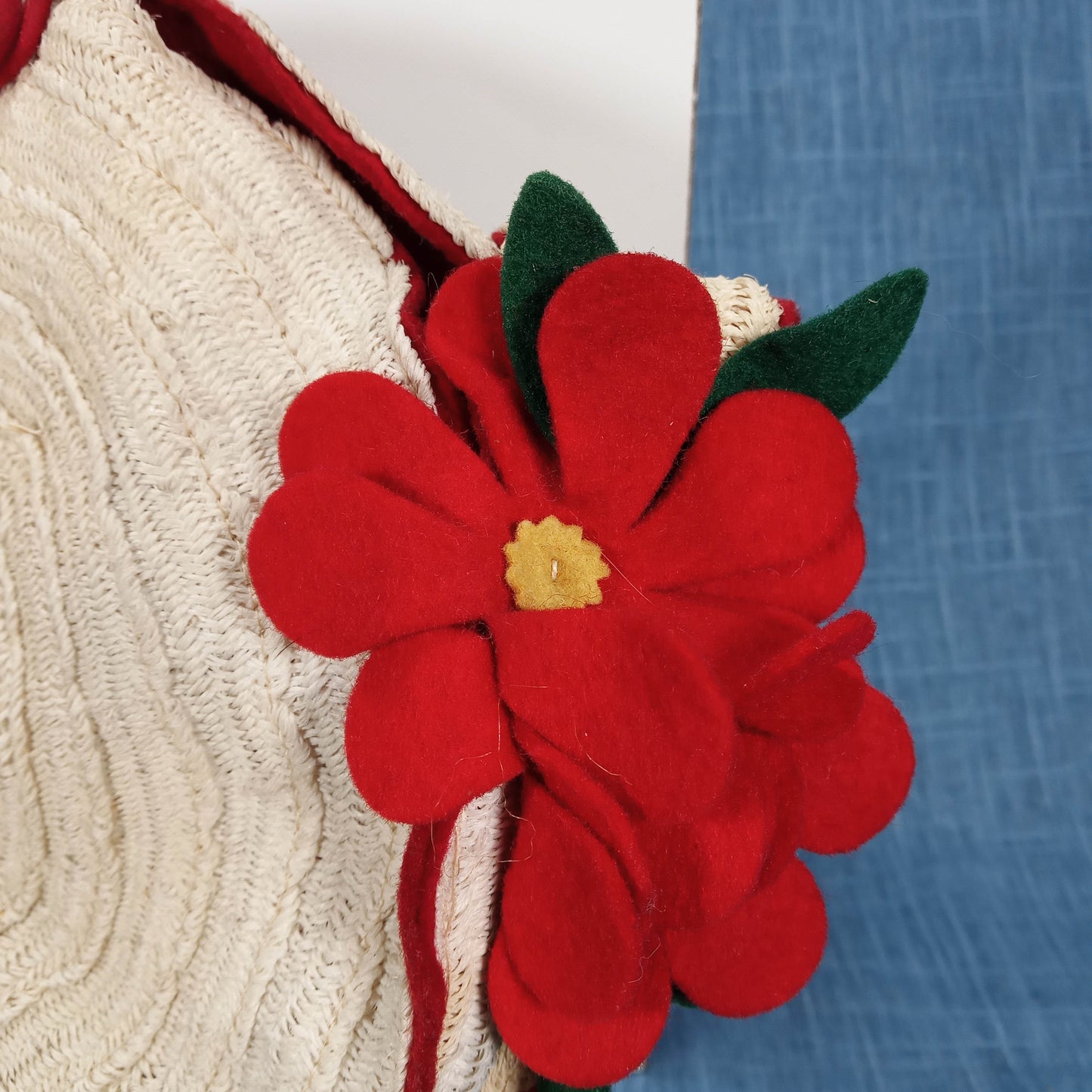 1950's White Rattan Circular Purse with Red Felt Flowers