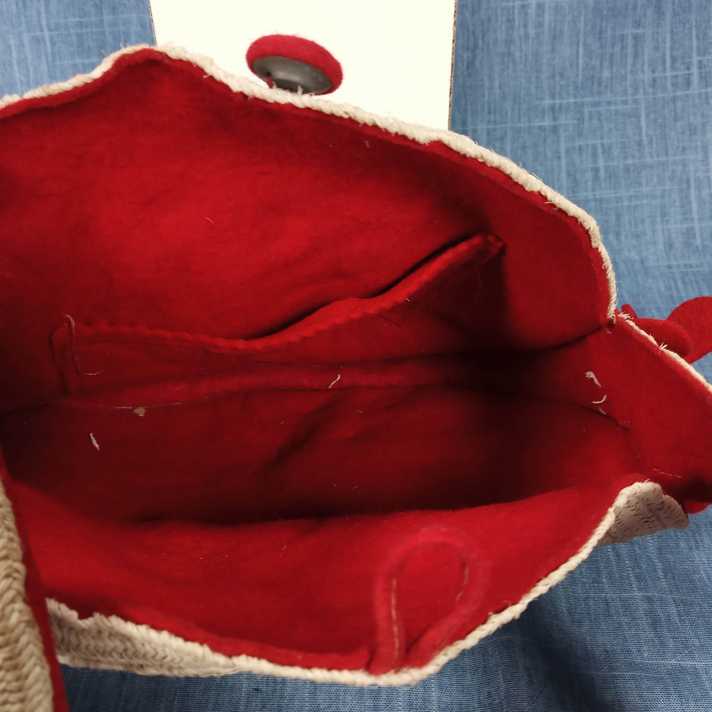 1950's White Rattan Circular Purse with Red Felt Flowers