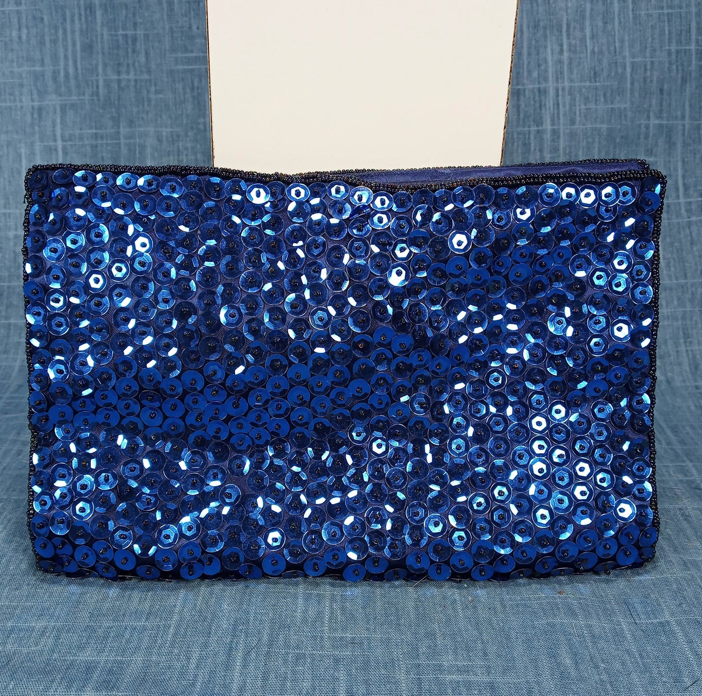 1950's Electric Blue Silk Sequin Hand Beaded Clutch by Walberg Hong Kong