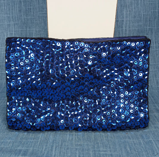 1950s Vintage Electric Blue Silk Sequin Hand Beaded Clutch by Walberg Hong Kong