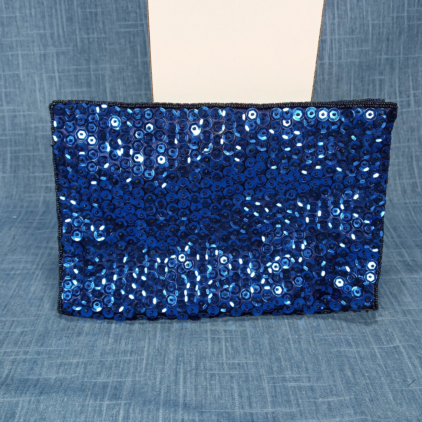 1950's Electric Blue Silk Sequin Hand Beaded Clutch by Walberg Hong Kong