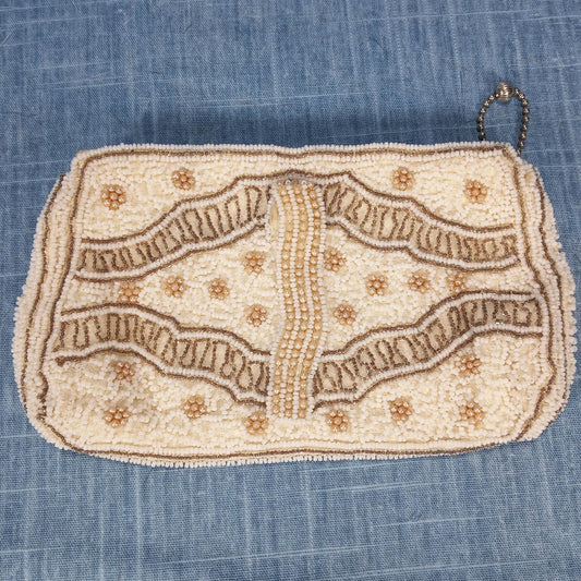 1930s Vintage Cream Hand Beaded Pearl Wrist Dancing Clutch with Original Mirror