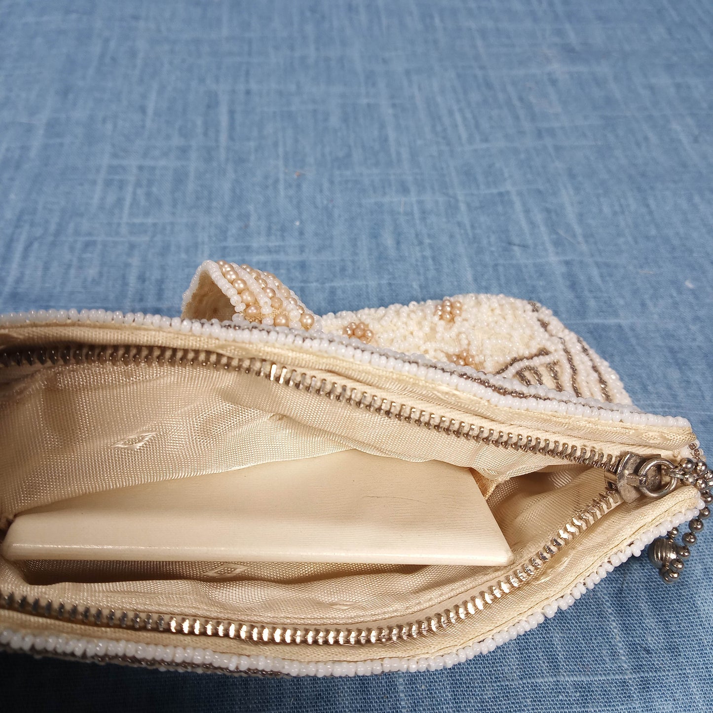 1930s Cream Hand Beaded Pearl Wrist Dancing Clutch with Original Mirror