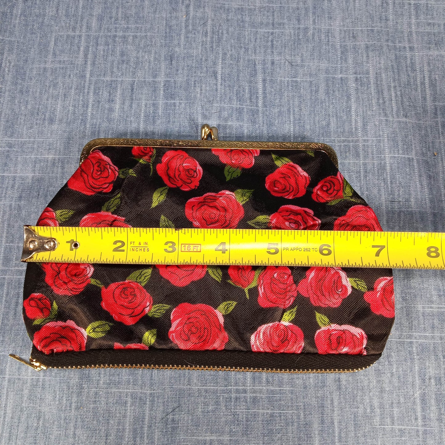 1950s Red & Black Satin Rose Fold Over Purse with Matching Wallet