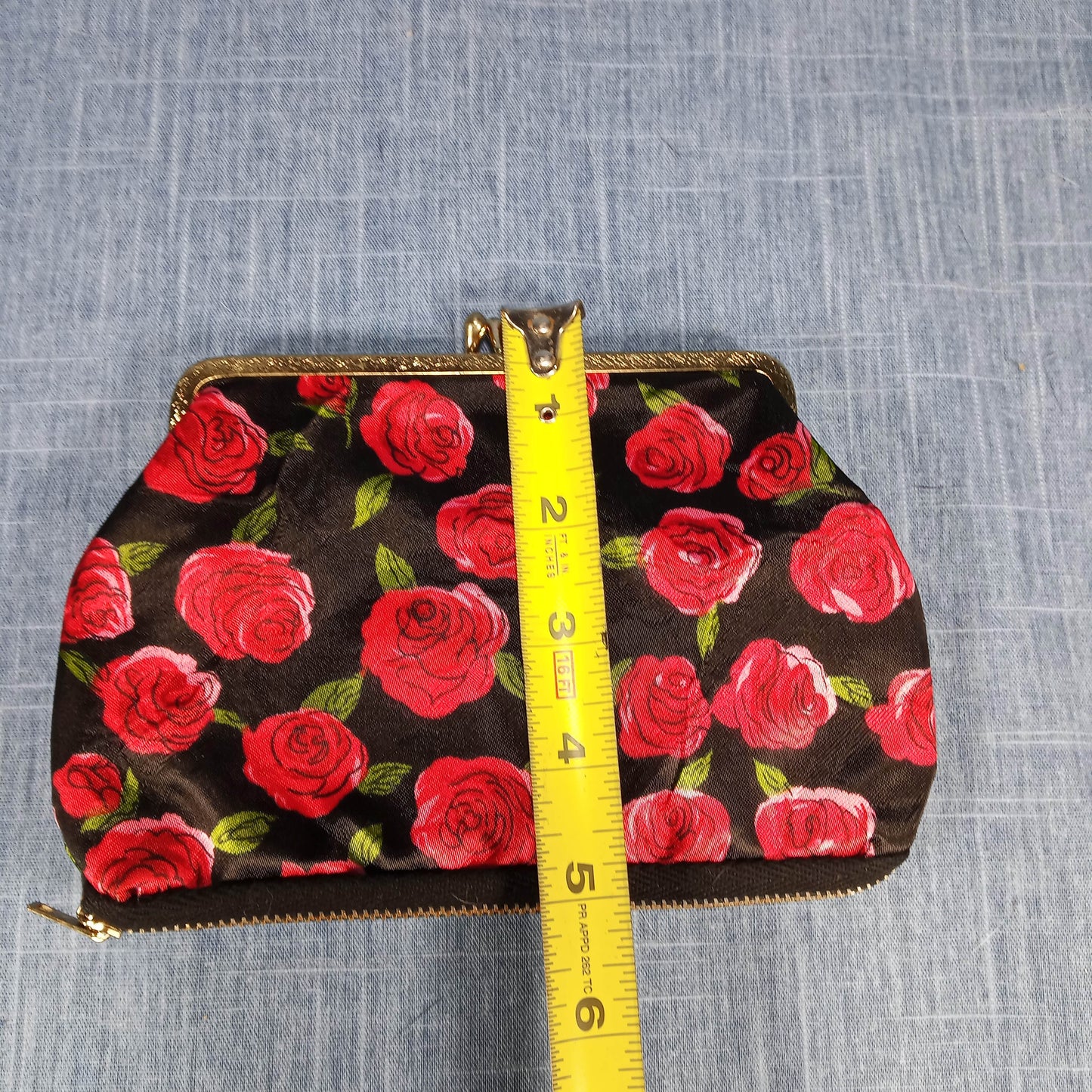 1950s Red & Black Satin Rose Fold Over Purse with Matching Wallet