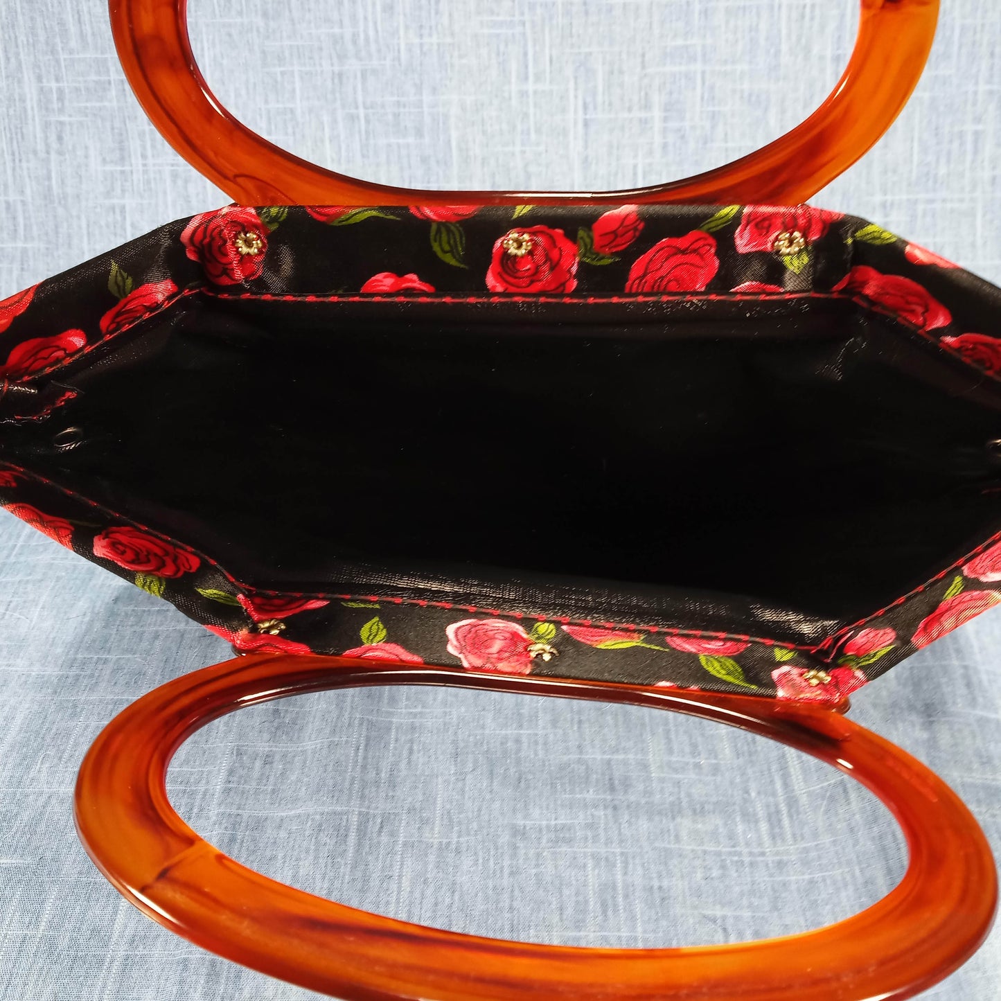 1950s Red & Black Satin Rose Fold Over Purse with Matching Wallet