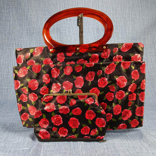 1950s Vintage Red & Black Satin Rose Fold Over Purse with Matching Wallet