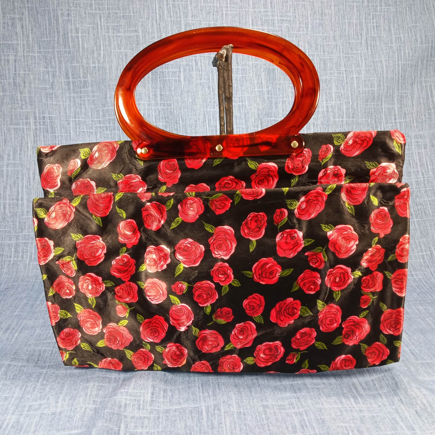 1950s Red & Black Satin Rose Fold Over Purse with Matching Wallet