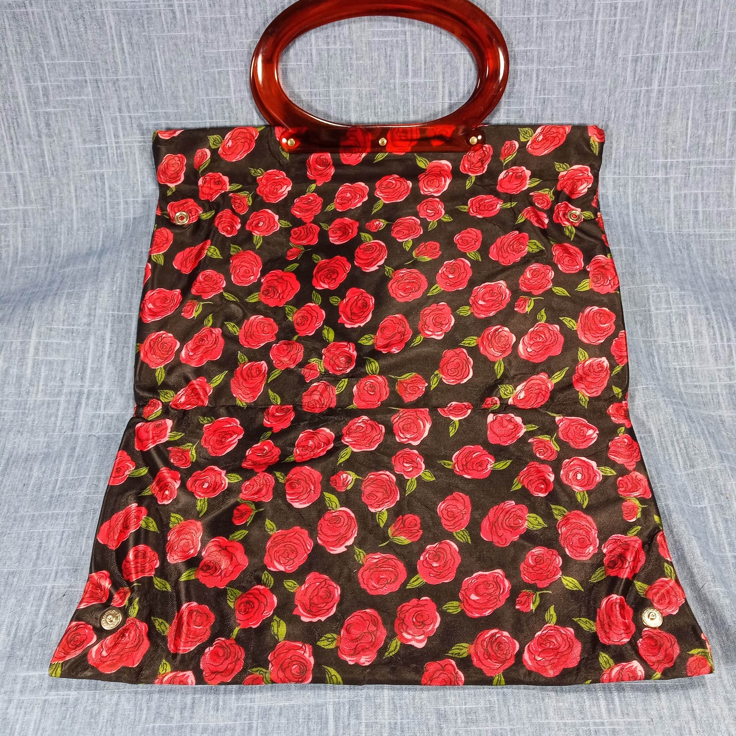 1950s Red & Black Satin Rose Fold Over Purse with Matching Wallet