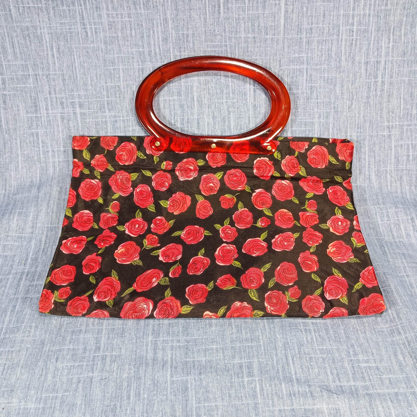 1950s Red & Black Satin Rose Fold Over Purse with Matching Wallet