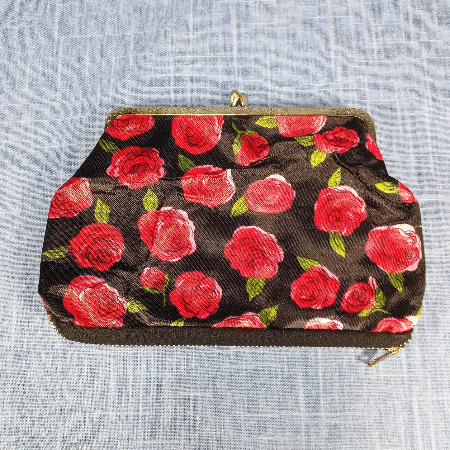 1950s Red & Black Satin Rose Fold Over Purse with Matching Wallet