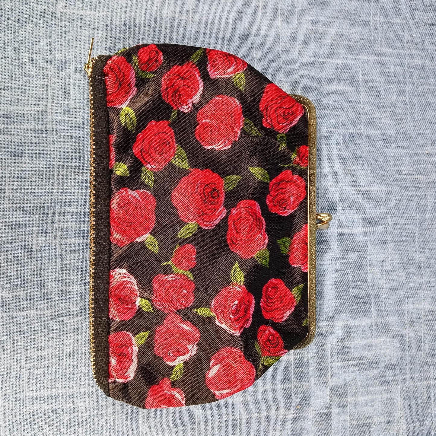 1950s Red & Black Satin Rose Fold Over Purse with Matching Wallet