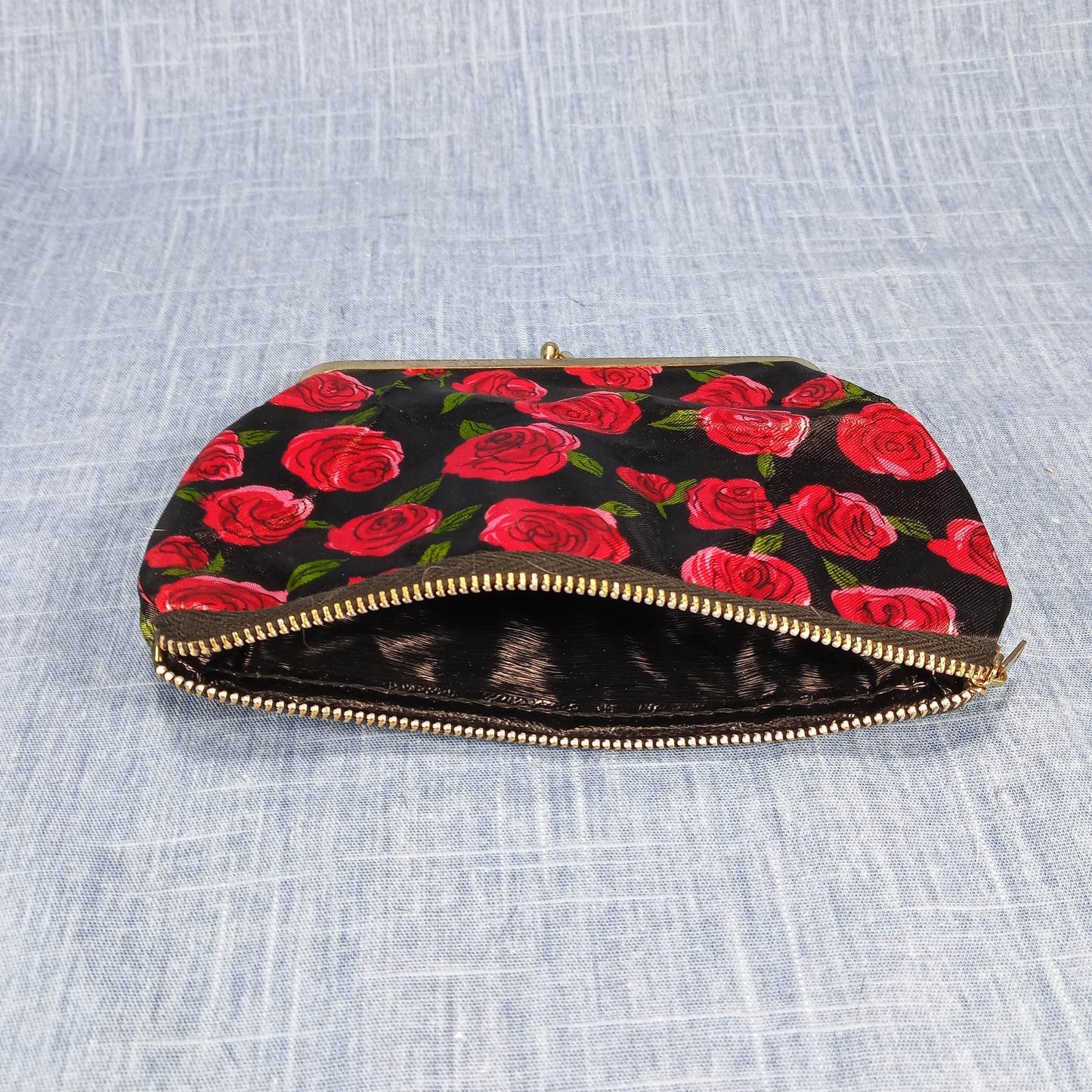 1950s Red & Black Satin Rose Fold Over Purse with Matching Wallet