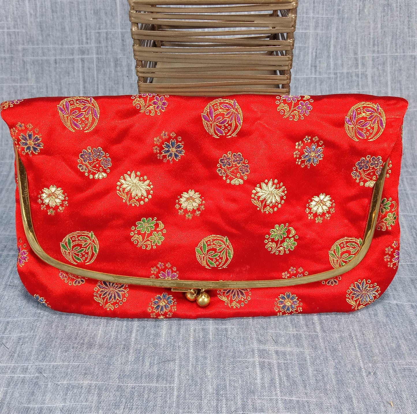 1950s Red Silk Damask Fold Over Clutch
