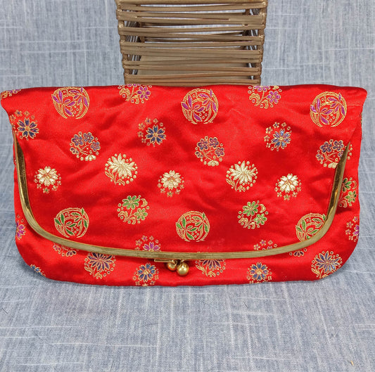 1950s Vintage Red Silk Damask Fold Over Clutch