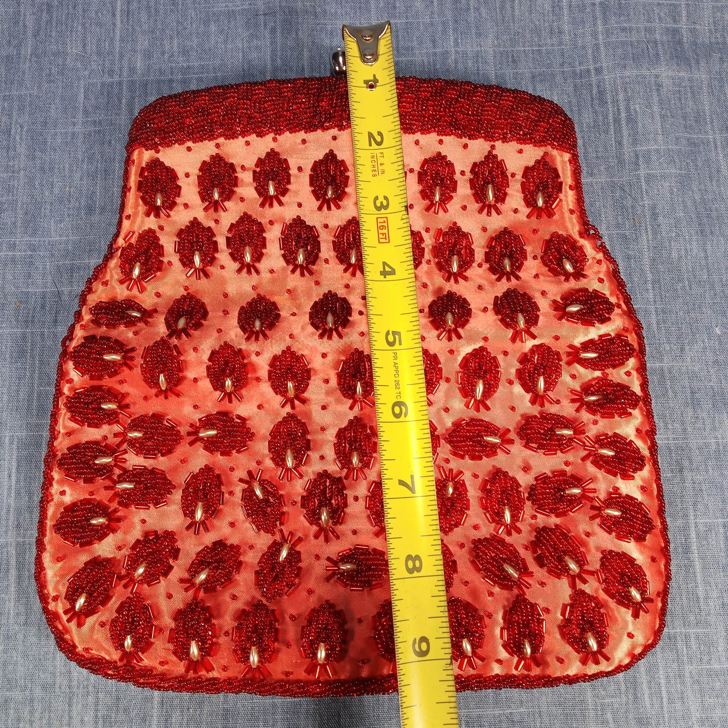 1950s Vintage Red Beaded Silk Fold Over Clutch Hand Beaded from Hong Kong