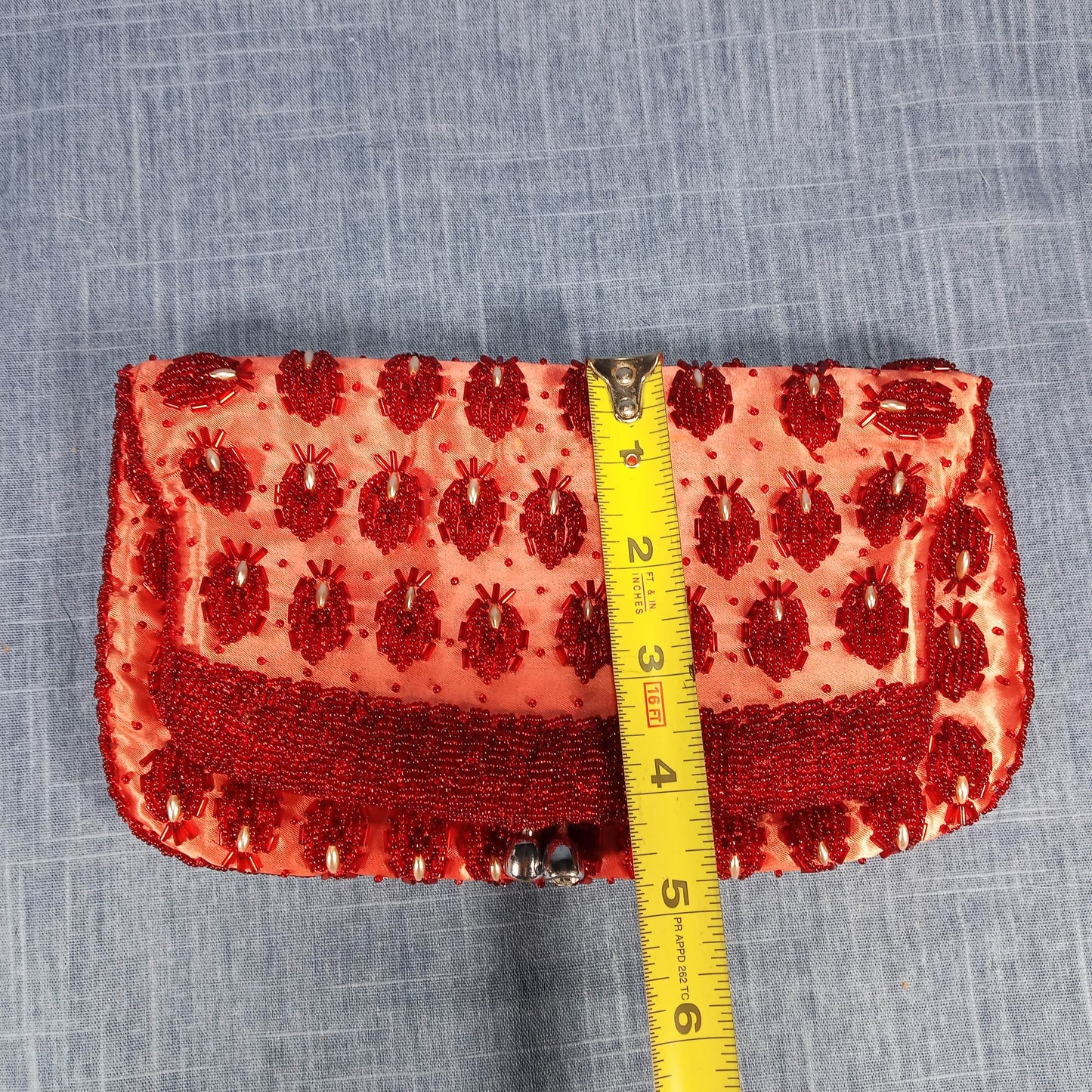 1950s Vintage Red Beaded Silk Fold Over Clutch Hand Beaded from Hong Kong
