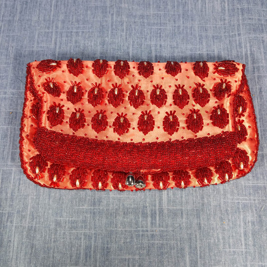 1950s Vintage Red Beaded Silk Fold Over Clutch Hand Beaded from Hong Kong