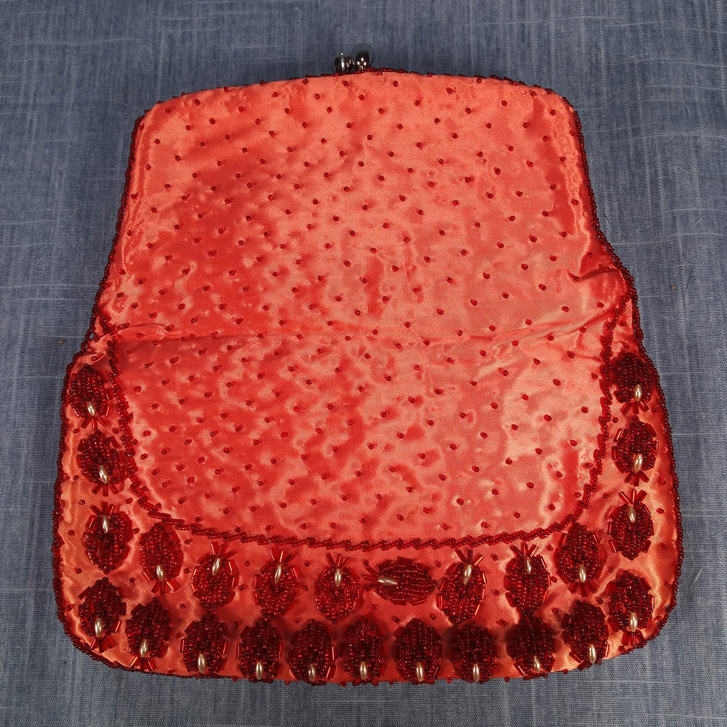 1950s Vintage Red Beaded Silk Fold Over Clutch Hand Beaded from Hong Kong