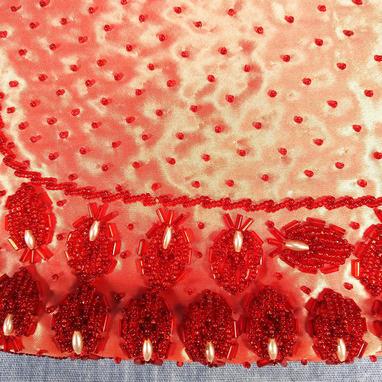 1950s Vintage Red Beaded Silk Fold Over Clutch Hand Beaded from Hong Kong