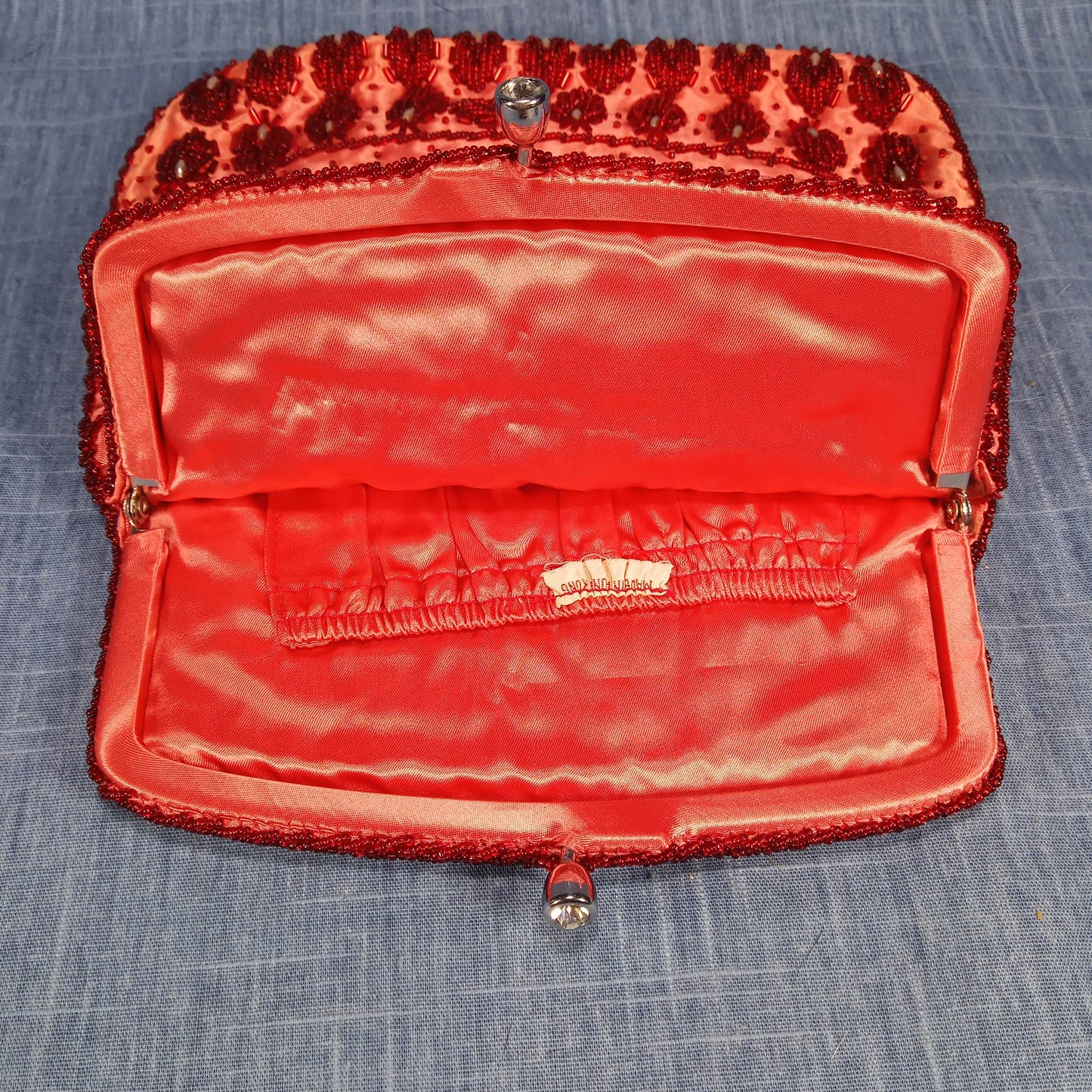 1950s Vintage Red Beaded Silk Fold Over Clutch Hand Beaded from Hong Kong