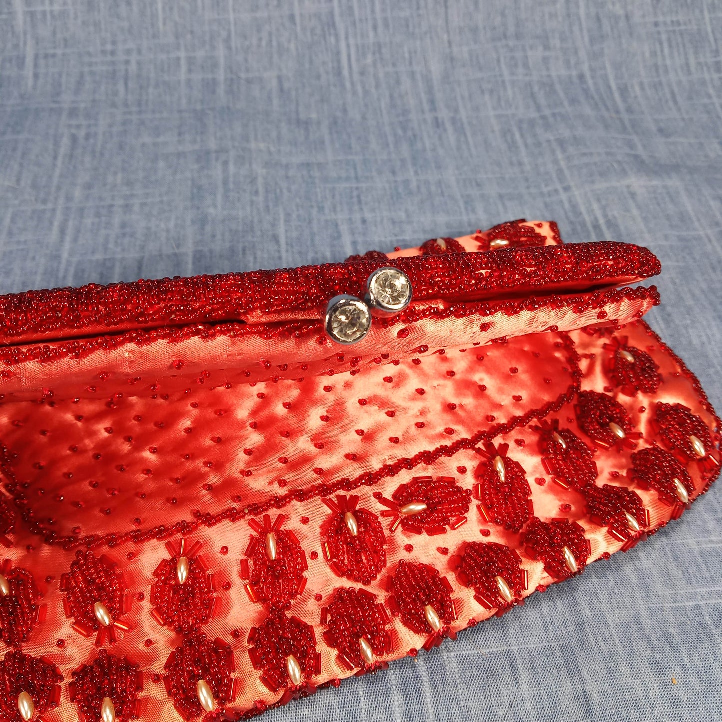 1950s Vintage Red Beaded Silk Fold Over Clutch Hand Beaded from Hong Kong