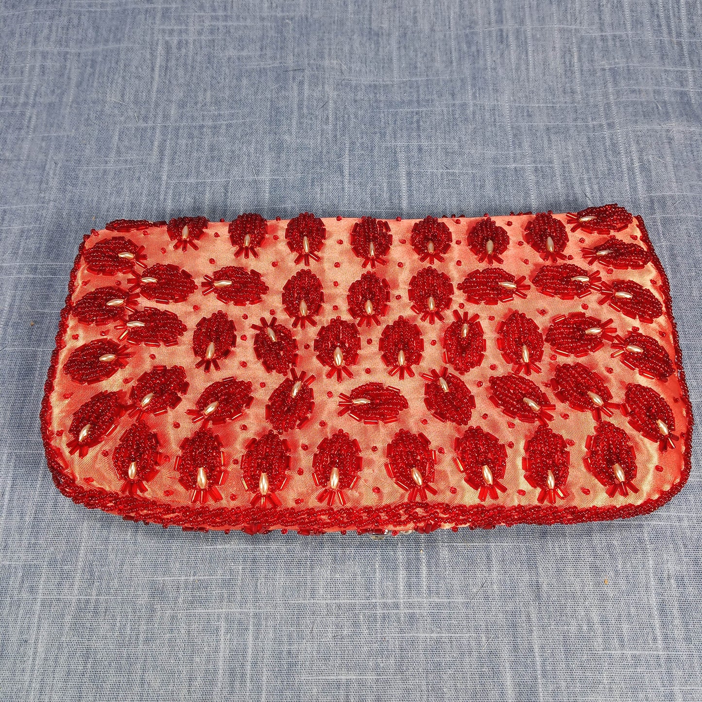 1950s Vintage Red Beaded Silk Fold Over Clutch Hand Beaded from Hong Kong
