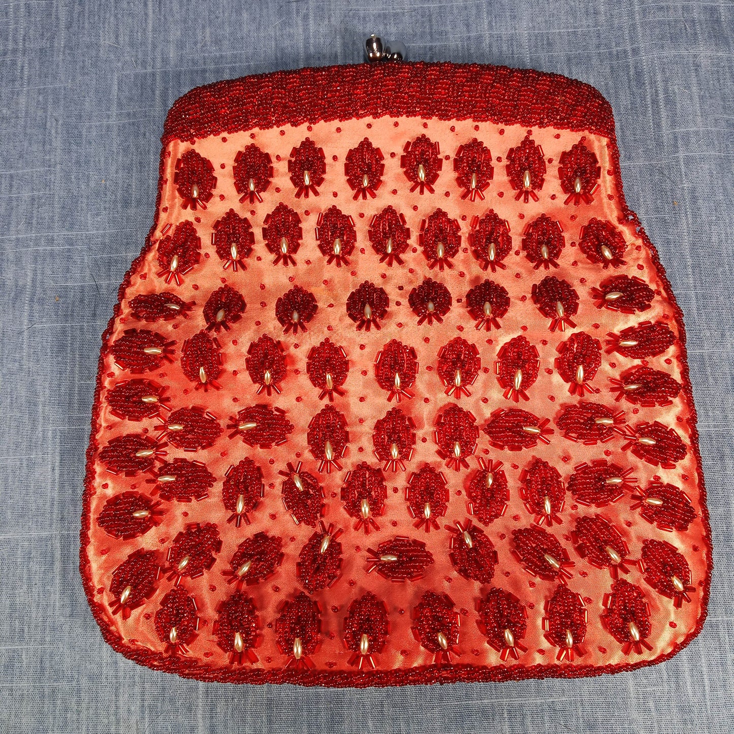 1950s Vintage Red Beaded Silk Fold Over Clutch Hand Beaded from Hong Kong