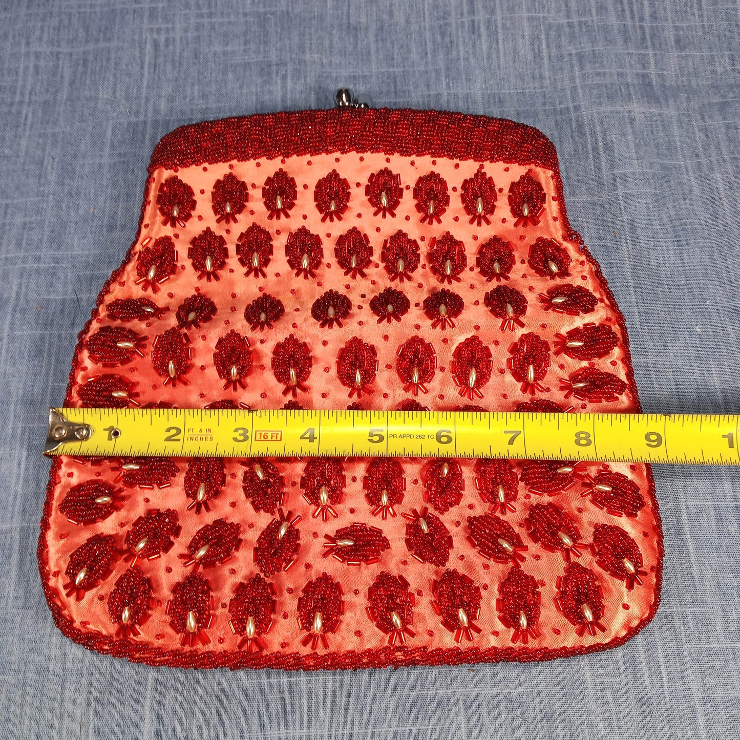 1950s Vintage Red Beaded Silk Fold Over Clutch Hand Beaded from Hong Kong